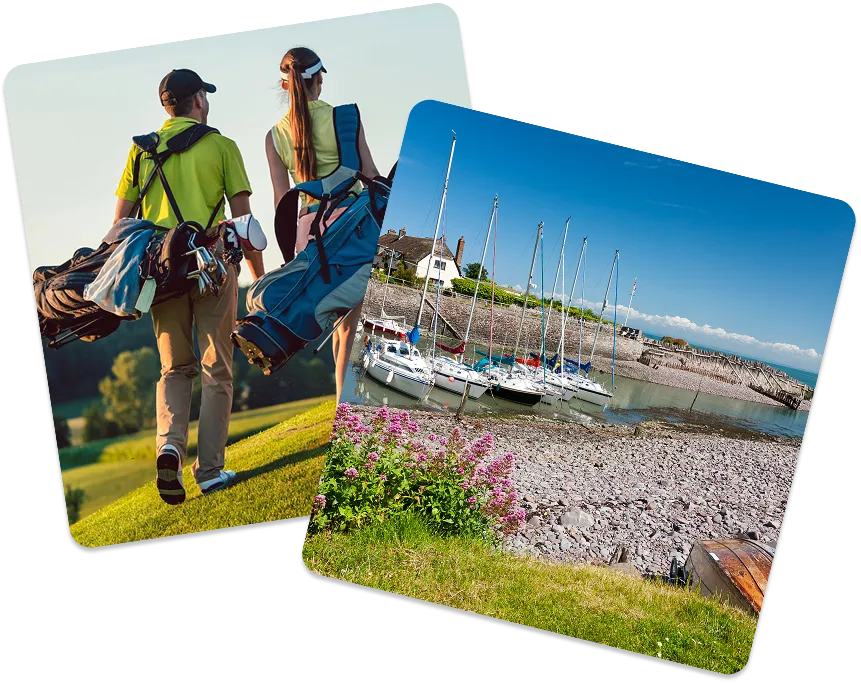 Couple playing golf near Berrow and coastal views of Porlock Weir on the Exmoor coast