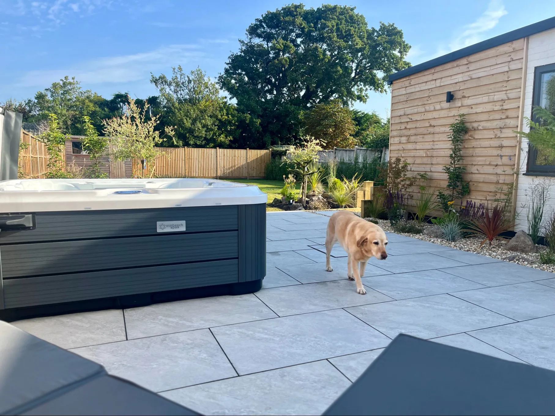 Dog relaxing in enclosed garden at dog-friendly holiday home in Berrow near Brean